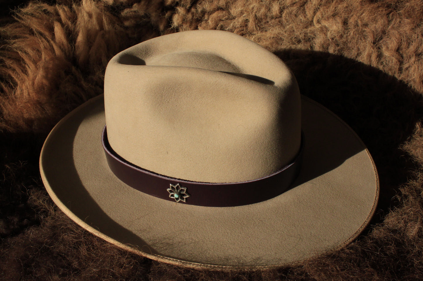 Columbine - Leather Hat Band with Vintage Native American Button with Turquoise
