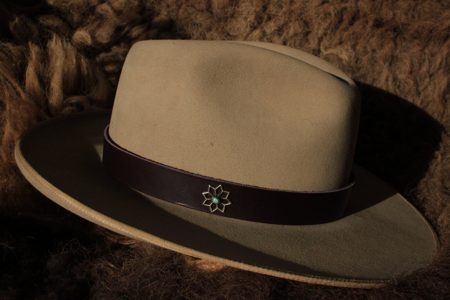 Columbine - Leather Hat Band with Vintage Native American Button with Turquoise