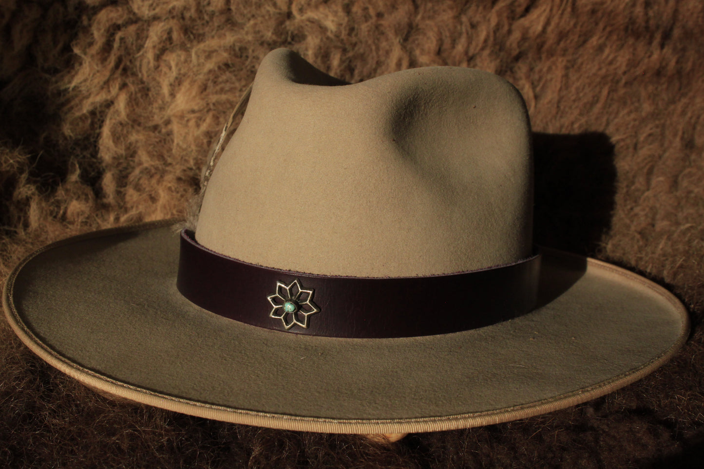 Columbine - Leather Hat Band with Vintage Native American Button with Turquoise
