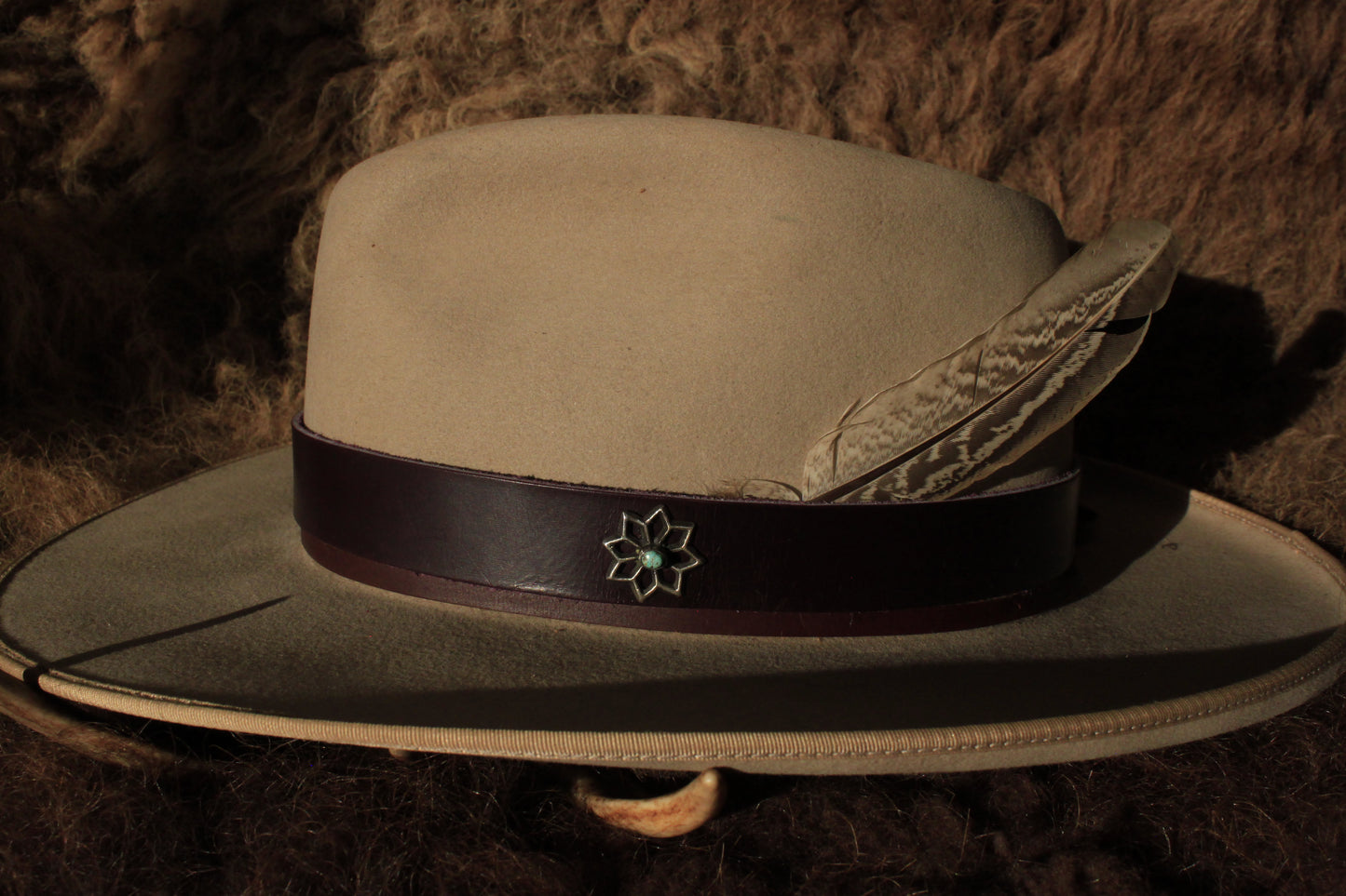 Columbine - Leather Hat Band with Vintage Native American Button with Turquoise