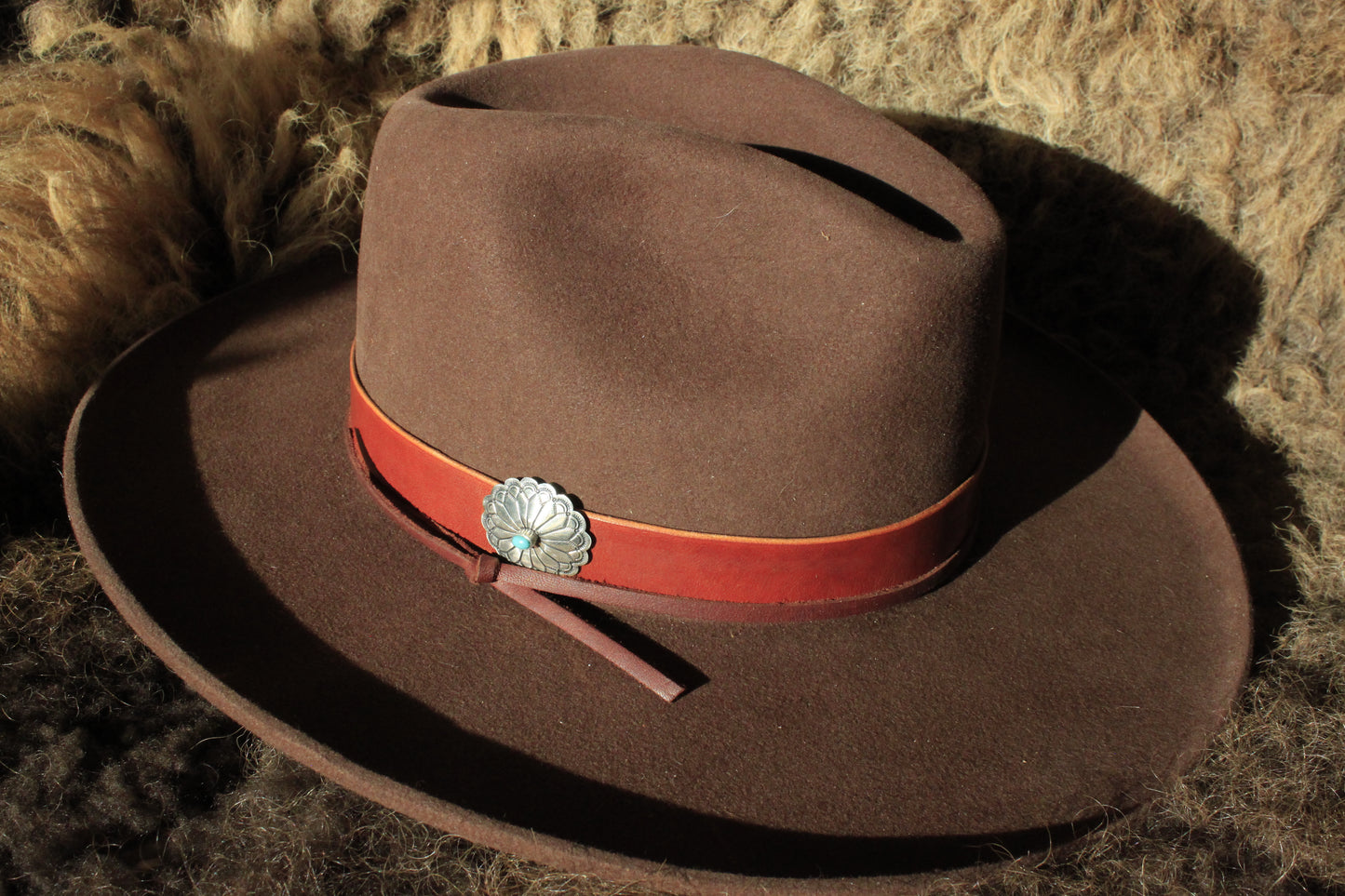 Gold Butte - Leather Hat Band with Vintage Native American Button with Turquoise