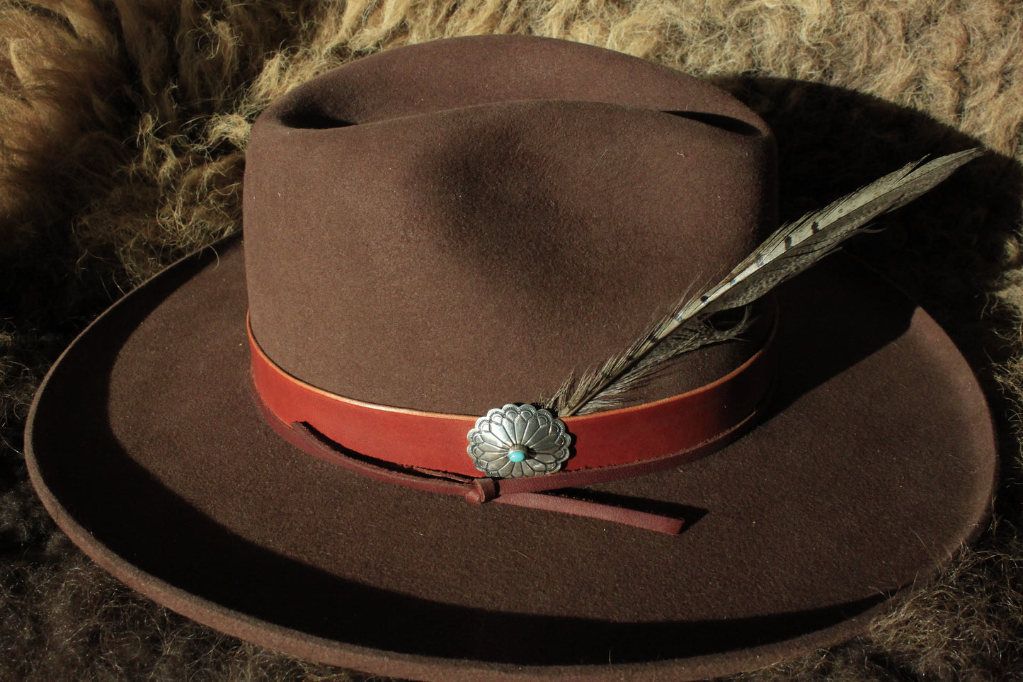 Gold Butte - Leather Hat Band with Vintage Native American Button with Turquoise