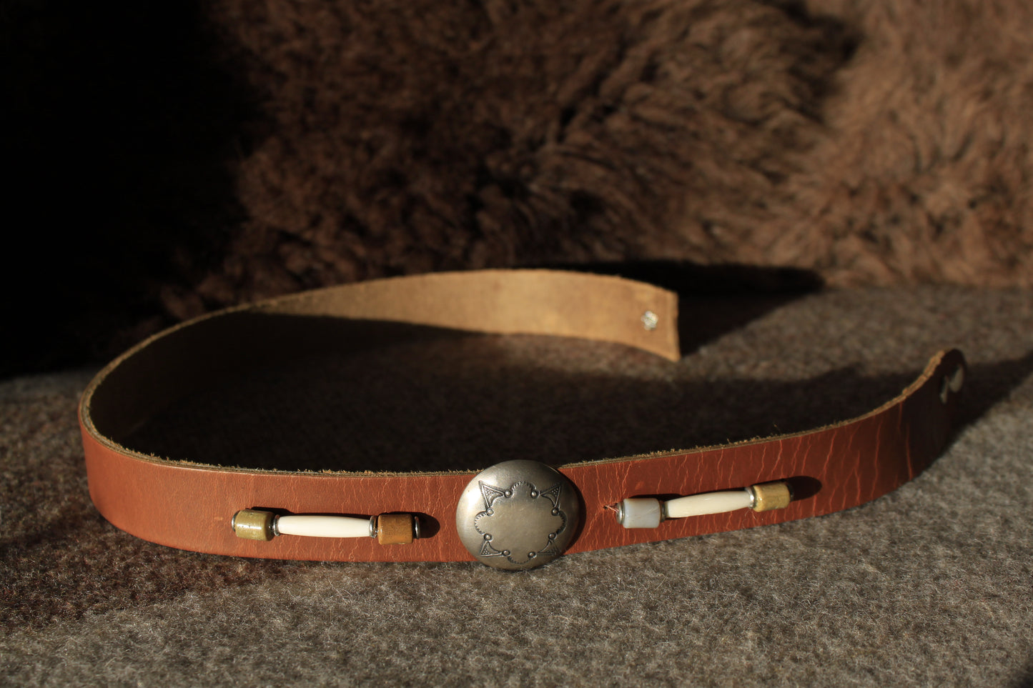 Pine Valley - Distressed Leather Hat Band with Large Vintage Native American Button