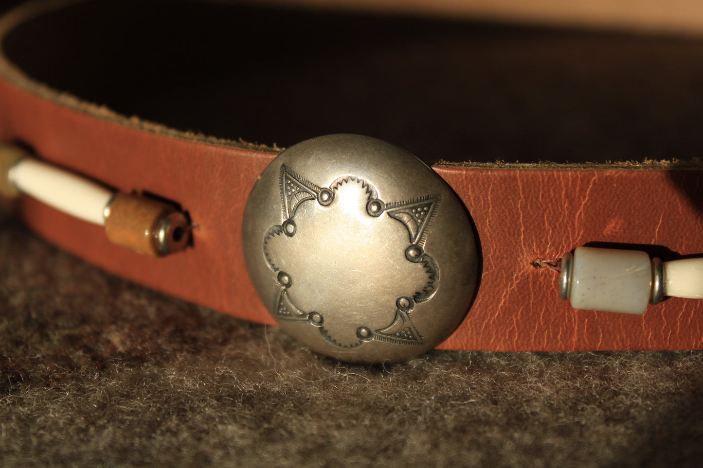 Pine Valley - Distressed Leather Hat Band with Large Vintage Native American Button