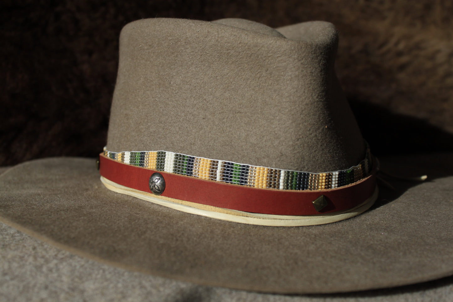 Sunflower - Leather Hat Band with Vintage Native American Buttons