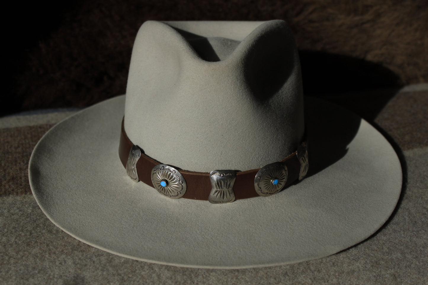 Turquoise Burst - Leather Hat Band with Vintage Native American Concho Slides