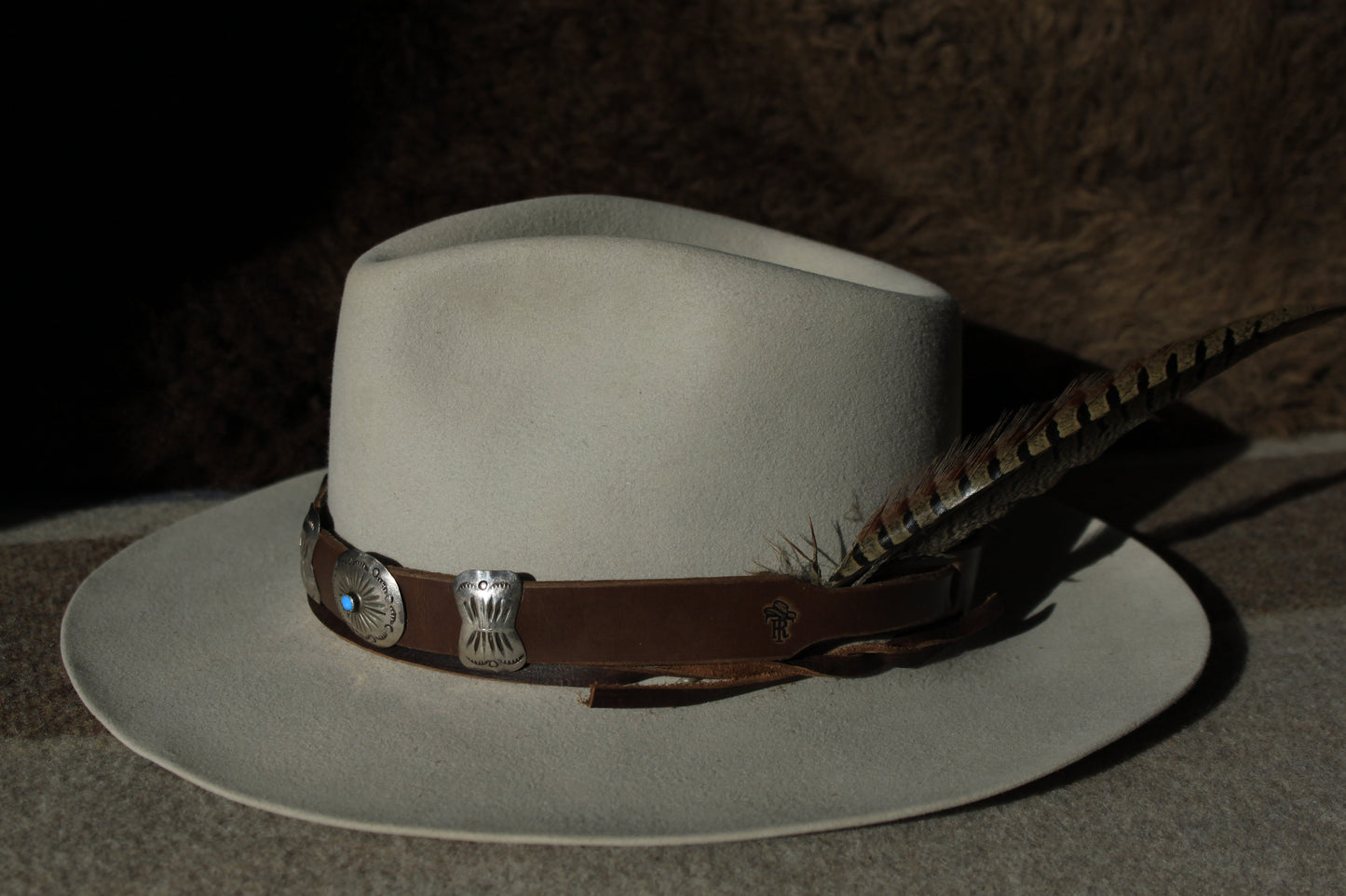 Turquoise Burst - Leather Hat Band with Vintage Native American Concho Slides