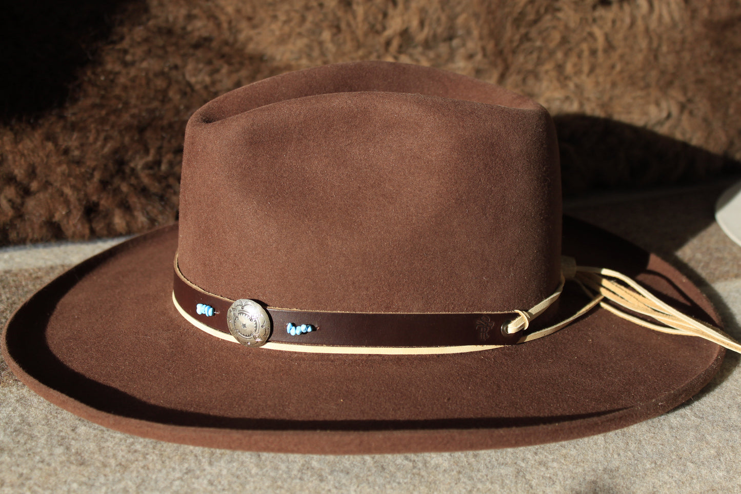 Four Corners - Leather Hat Band with Vintage Native American Button