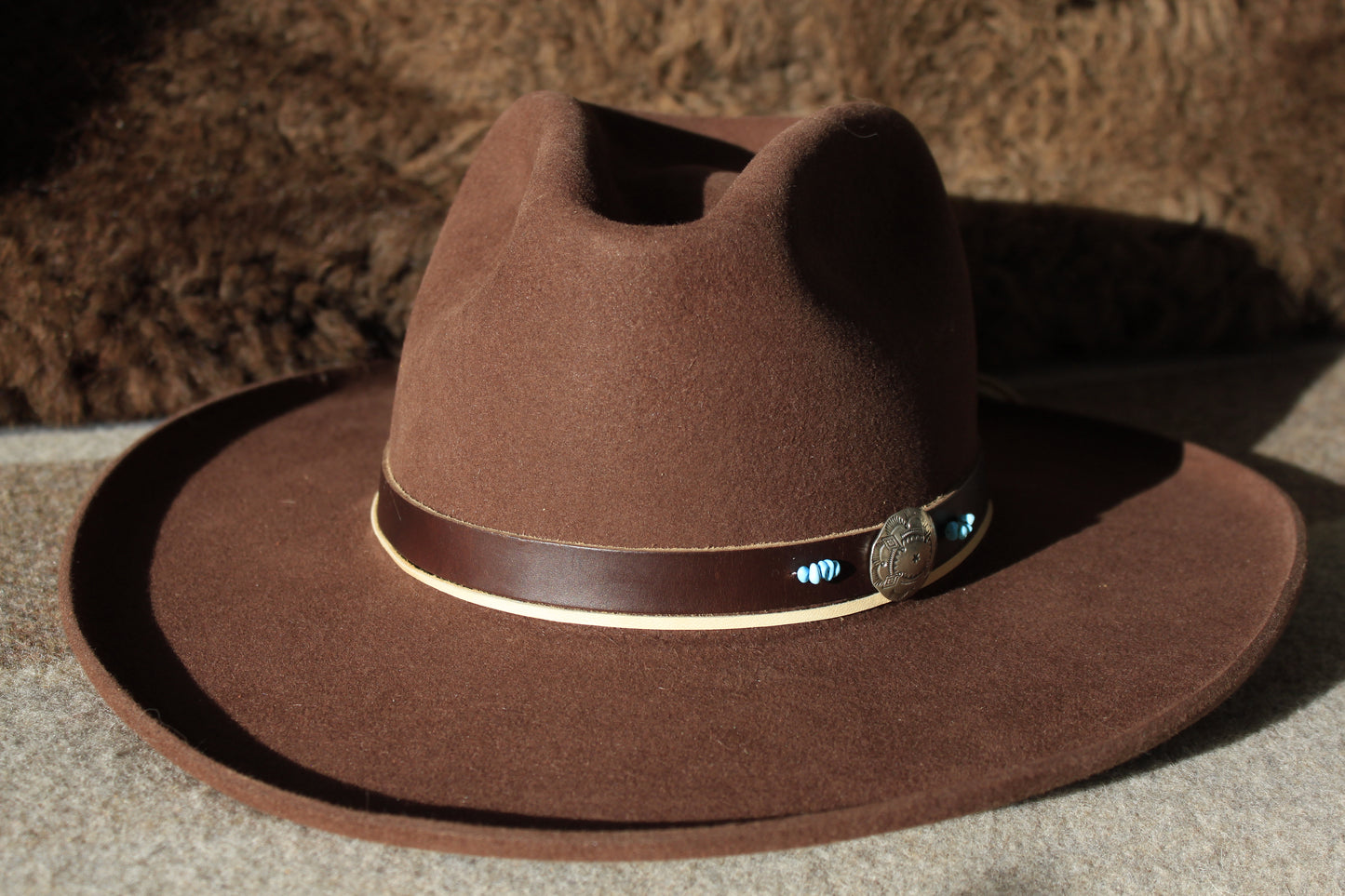 Four Corners - Leather Hat Band with Vintage Native American Button