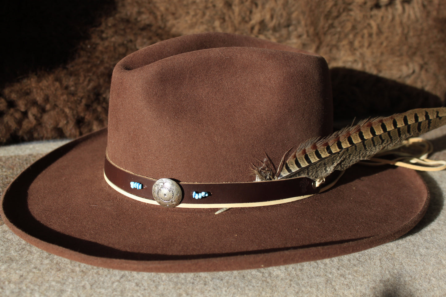 Four Corners - Leather Hat Band with Vintage Native American Button