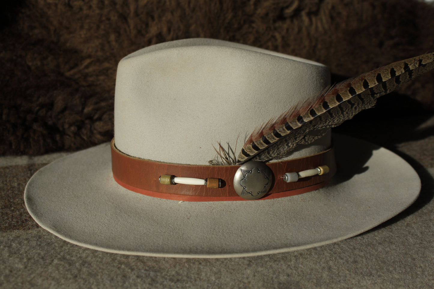 Pine Valley - Distressed Leather Hat Band with Large Vintage Native American Button